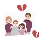 Ilustración de una familia dividida con un corazón roto encima, simbolizando la separación o el divorcio, un área de especialización para un despacho de abogados de familia en Alcalá de Henares.