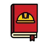 Icono de un libro rojo con la imagen de un casco de seguridad amarillo en la portada, representativo de los temas de derecho laboral en un despacho de abogados de Alcalá de Henares.