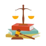 Ilustración de una balanza de la justicia dorada sobre un libro rojo de leyes con un mazo de juez a un lado, simbolizando la práctica del derecho civil en un despacho de abogados en Alcalá de Henares.